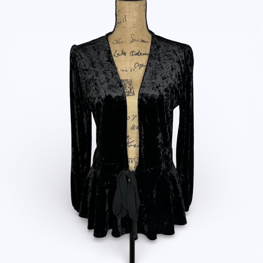 Kim & Cami Black Velvet Peplum Tie Front Top Jacket Dark Romantic Layer Y2K Sz M